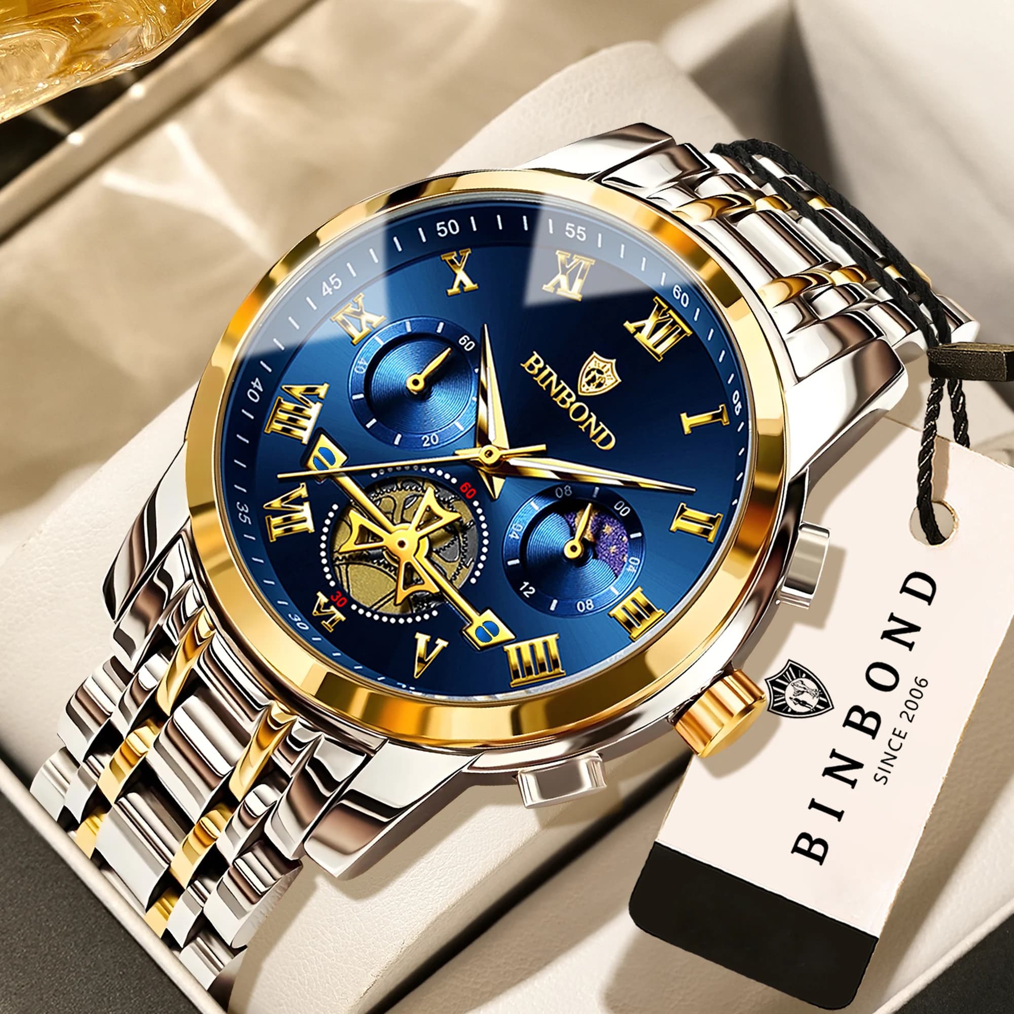 Orologio cronografo da uomo BINBOND, orologio al quarzo preciso, orologio sportivo di lusso luminoso e impermeabile, orologio resistente.