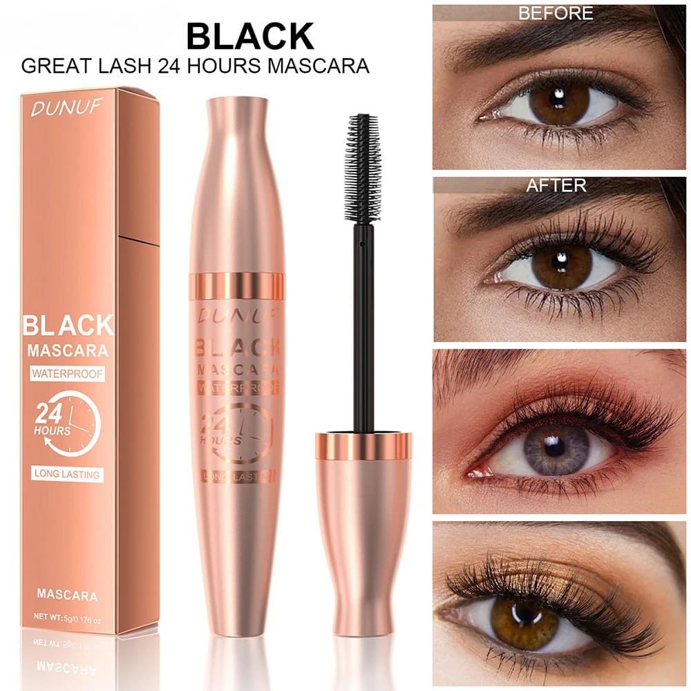 24 hours waterproof black mascara with a proof of volumizing drooling elongation curling effect to wear all day long for sensitive eyes daily look
