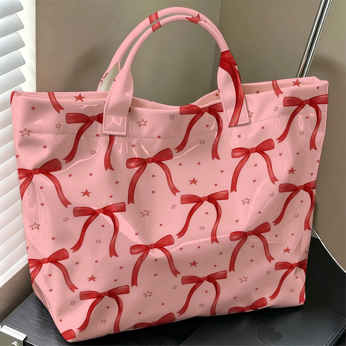 Blush Background Red Bow Fashion Large Glossy PVC Tote Bag Hand Washable Waterproof Travel Commute Cosmetic Storage Shopper