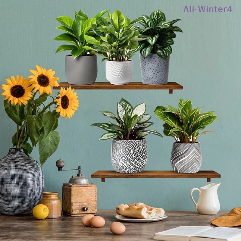 iWinter4iSet 3D Wall Stickers with Green Plants Faux in Vase, Waterproof Self-adhesive Decorations for Living, Studio and Office