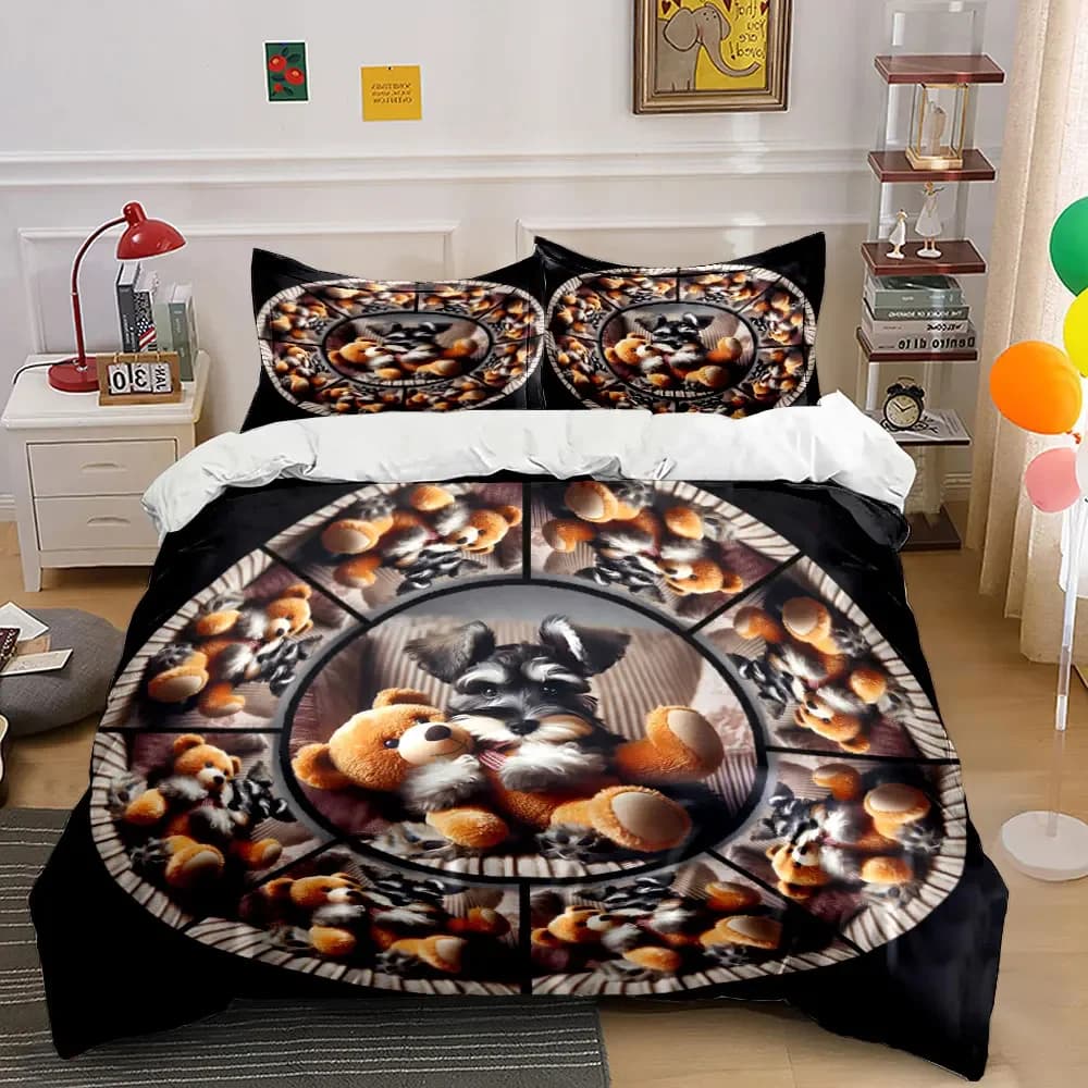 Set di Biancheria da Letto con 3 Pezzi a Tema Schnauzer, Copripiumino con Stampa Caleidoscopica di Schnauzer in Miniatura e Orsacchiotto + 2 Federe, Decorazione per Cani