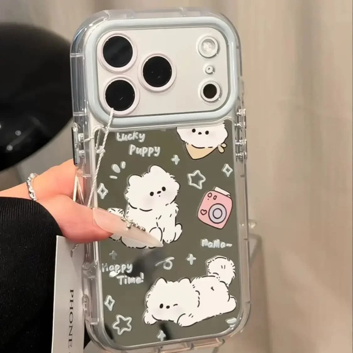 Custodia per telefono a specchio Polaroid con simpatico cane cartone animato coreano per iPhone 17 AIR 16 15 14 13 12 11 PRO MAX PLUS, anti-caduta e anti-polvere