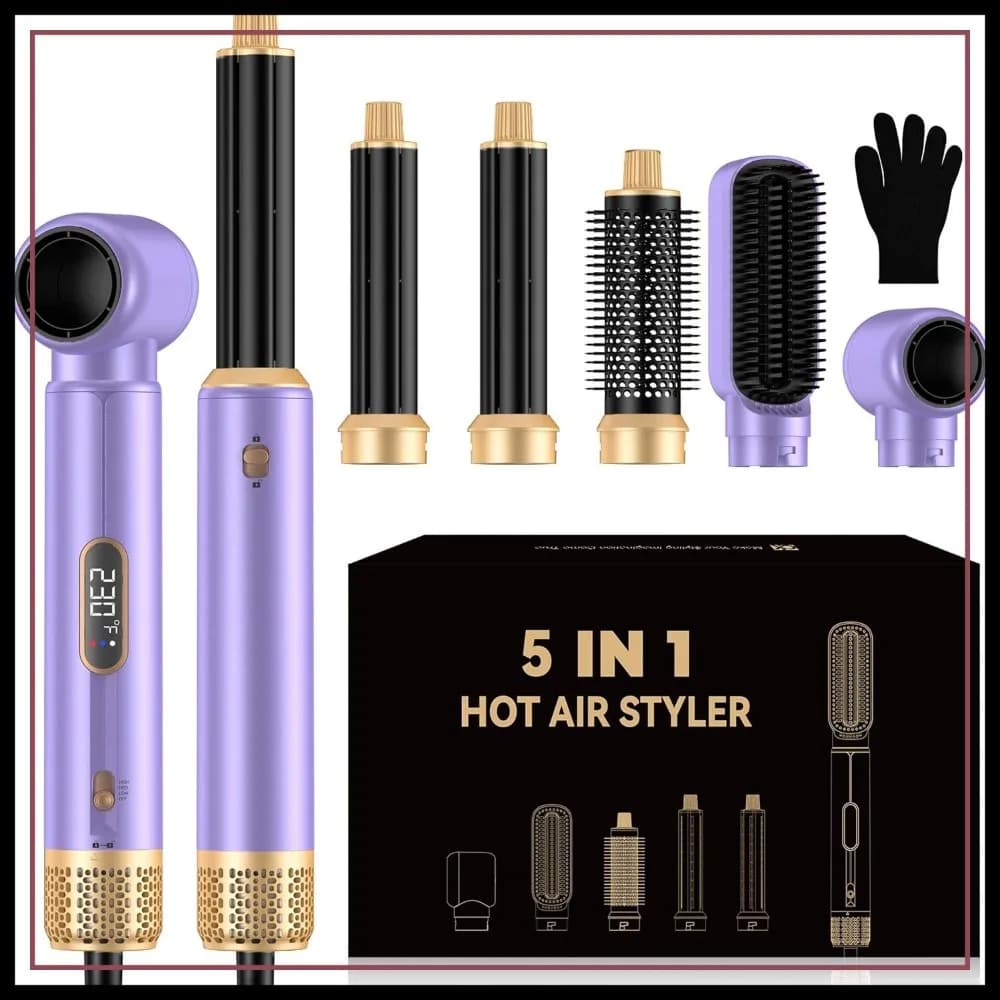 Spazzola Asciugacapelli 5 in 1 con Display LCD, Styler per Capelli Ricci, Lisci, Asciutti e Morbidi, 100-120V