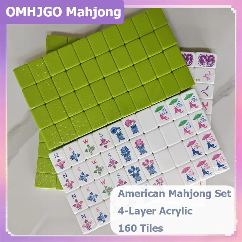 OMHJGO Lime Green American Mahjong Set 4-Layer Acrylic Luxury Engraved Mahjong Game Tiles Entertainment Portable Mah Jongg Gifts
