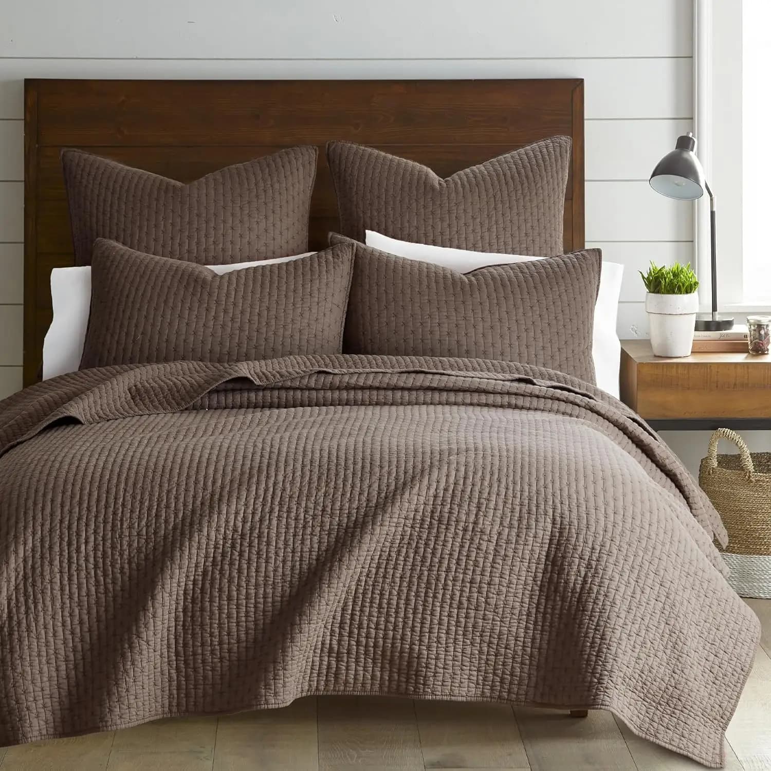 Set Copripiumino Reversibile a Punto Croce per Letto King/Cal King (106x92 pollici) con 2 Federe (36x20 pollici) - Texture a Punto - Colore Cacao - Cotone King