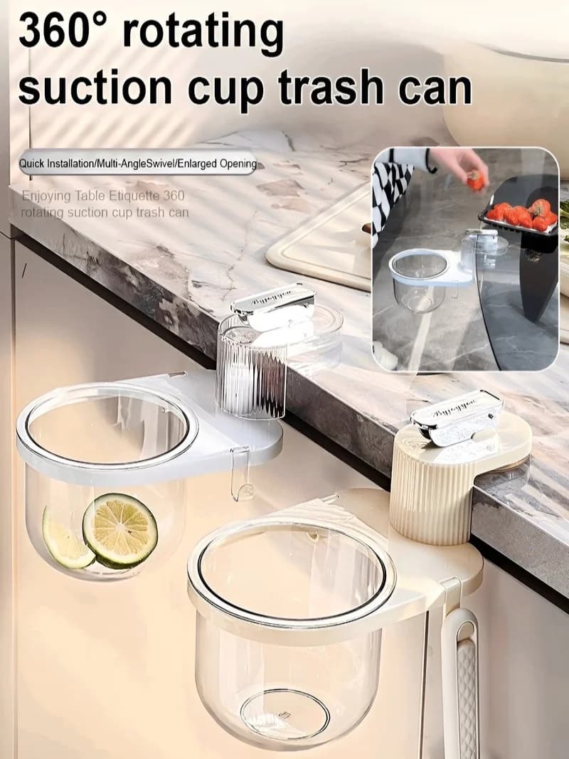 VENDITA CALDA [mini organizer per pattumiera da cucina con rotazione piccola con gancio/facile installazione] Ventosa 360 ° Pattumiera da tavolo girevole