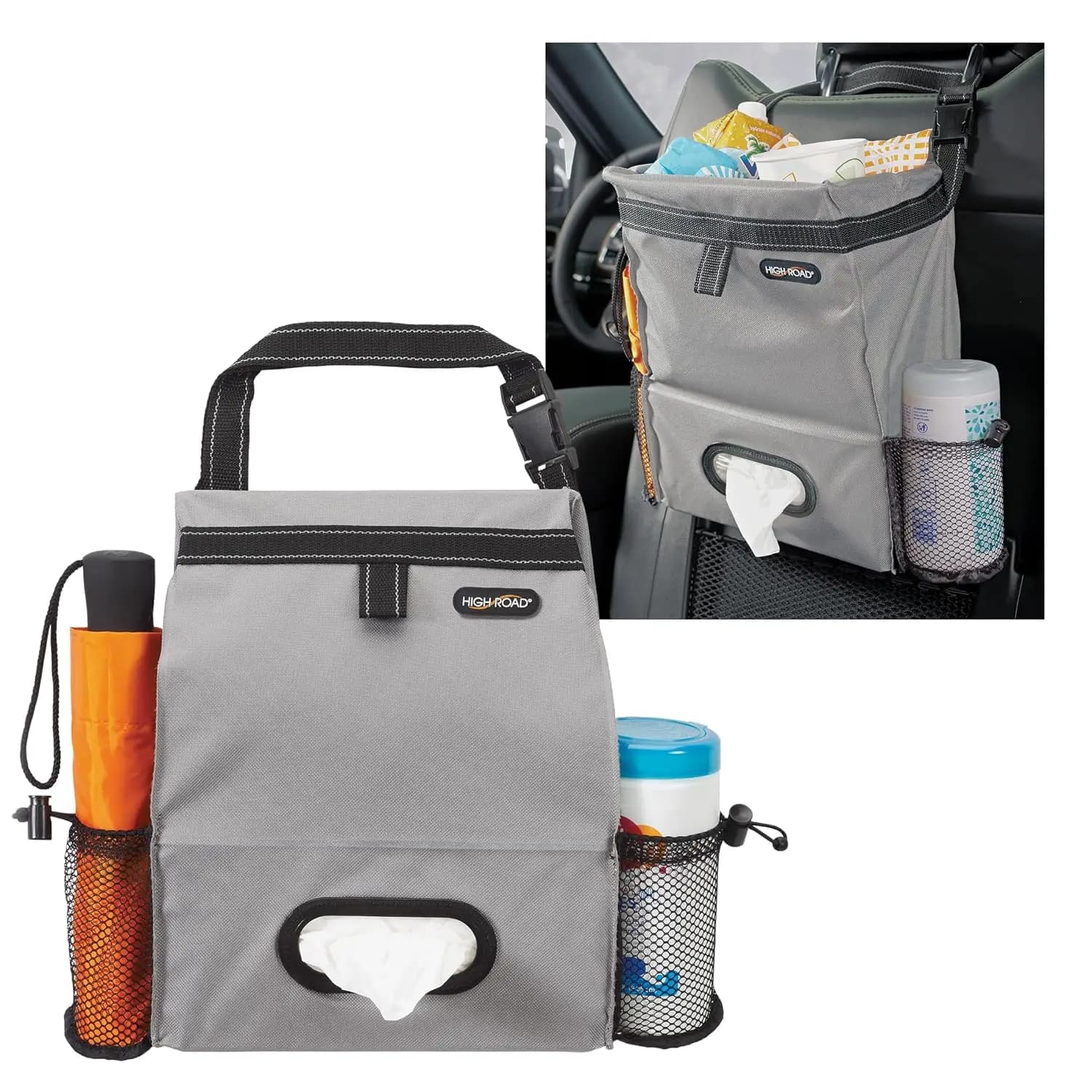 Car Organizer with Trash Can & Tissue Holder - 2 Gal Leakproof, Push-Close Lid, Holds Full Size Box & Bottles