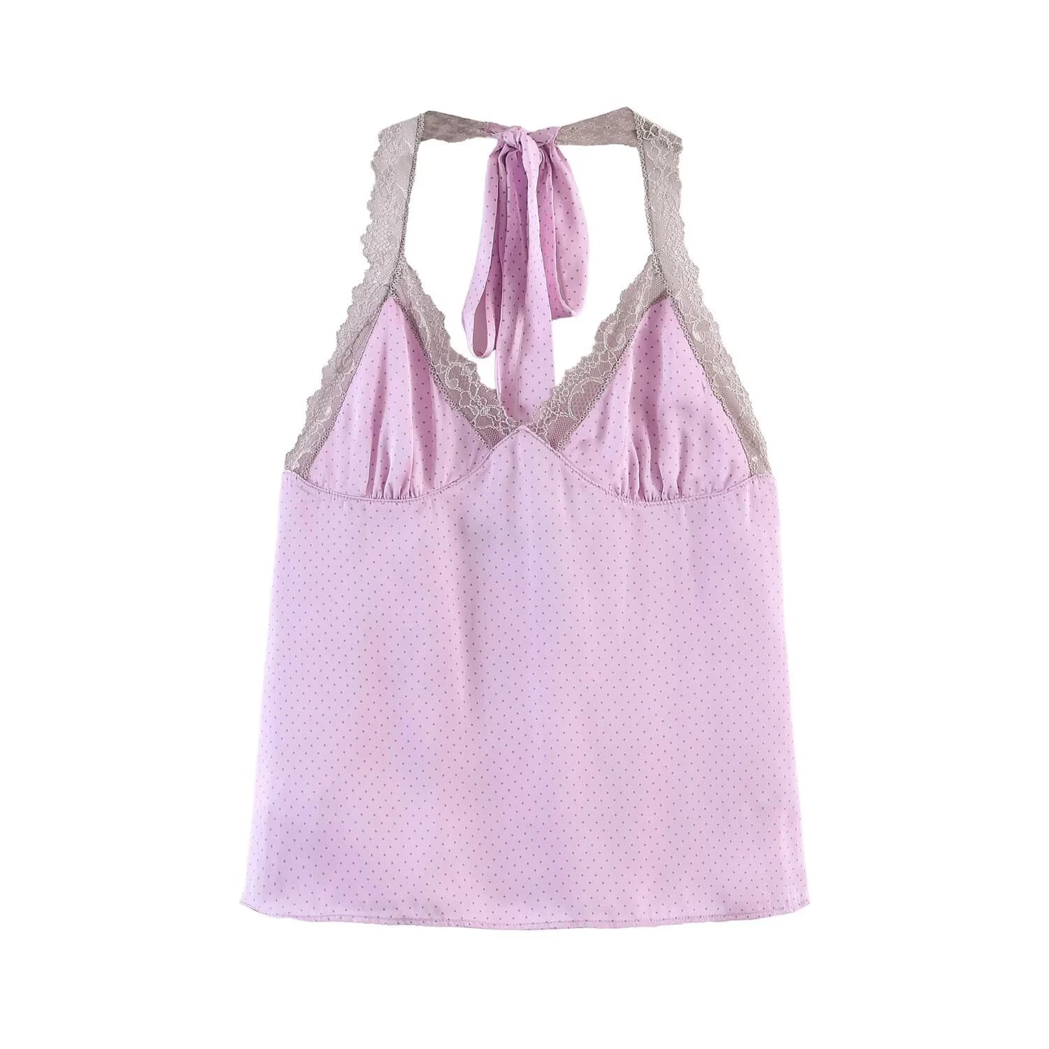 Pink polka dot lace V-neck halter top women's outdoor wear vacation style halter top backless top