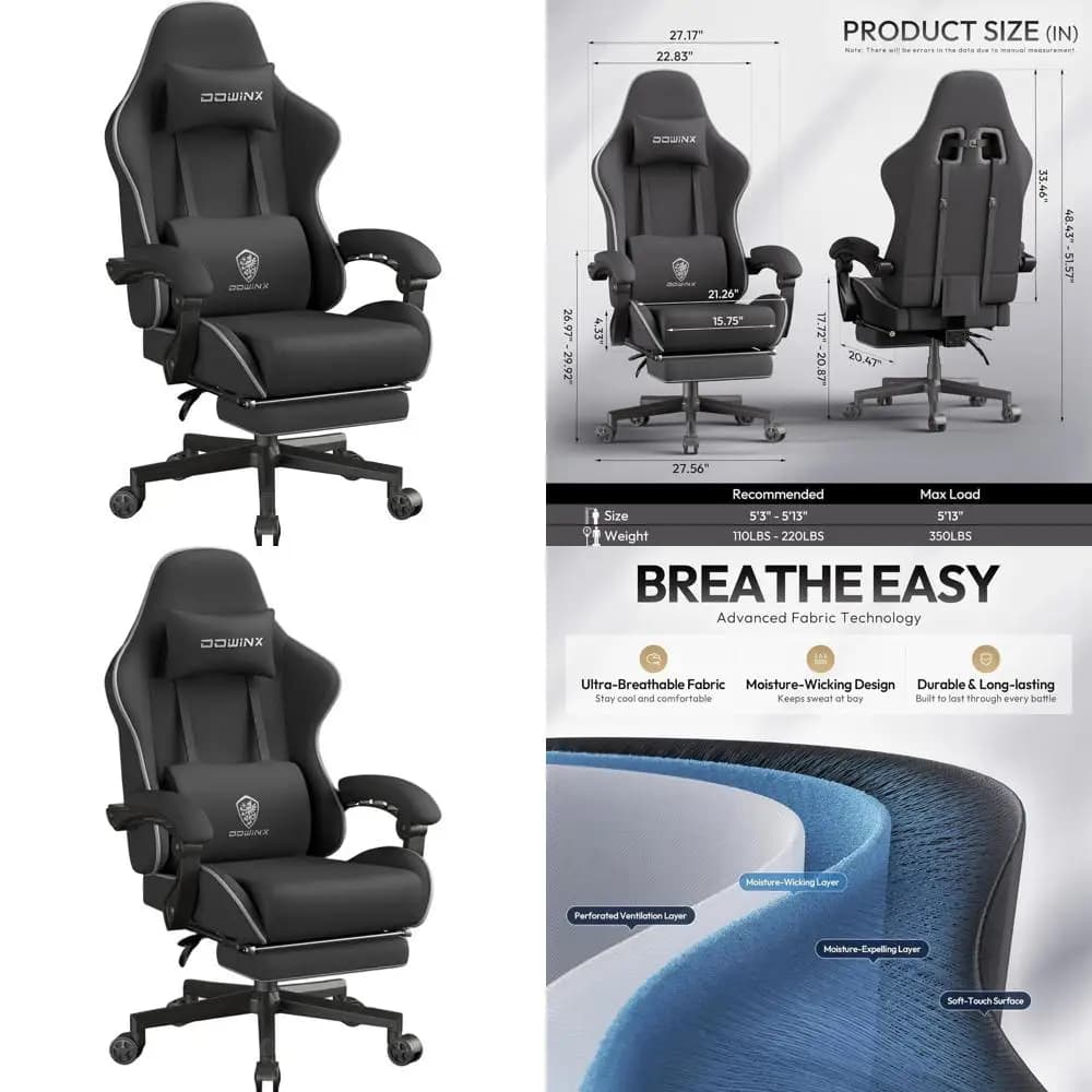 Sedia da Gaming Ergonomica Reclinabile con Schienale Alto, Cuscino a Molla, Altezza Regolabile, Tessuto Confortevole per Casa e Ufficio, Nera