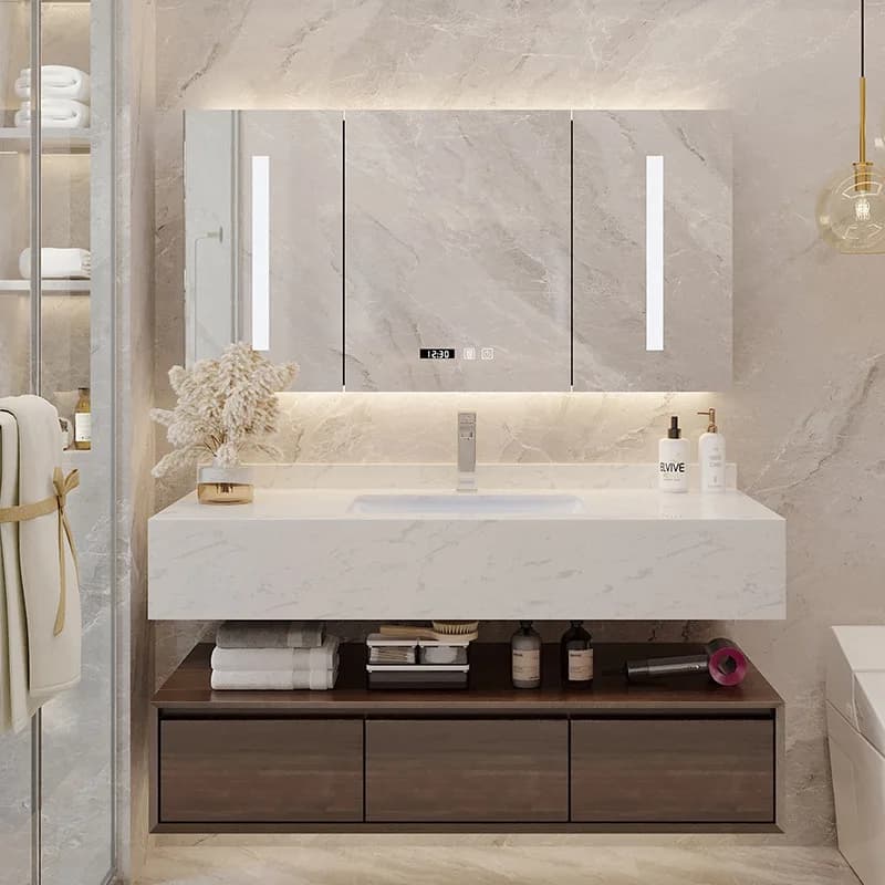 Mobili da bagno con lavabo di lusso leggero Armadi da bagno combinati in marmo in stile hotel Armadietti da bagno con specchio intelligente JT40B