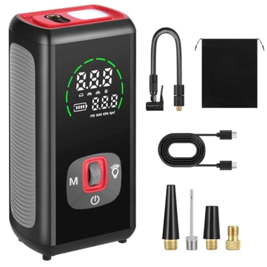 Compressore d'Aria Portatile Senza Fili 150PSI con Batteria da 6000mAh, Pompa Digitale Cordless con Luce LED di Emergenza