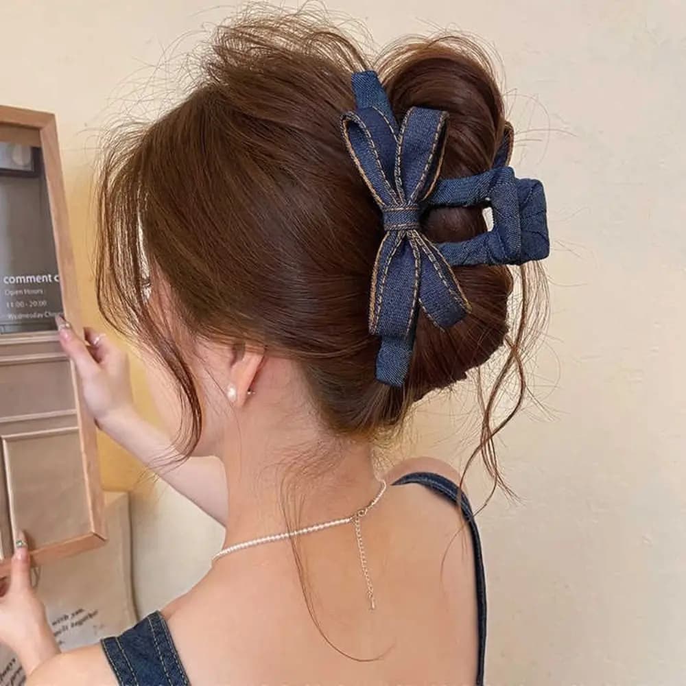 Versatile Blue Denim Bow Hair Claw Clip Transparent Korean Style Hair Accessories Large Size Shark Hair Clip For Women Girls