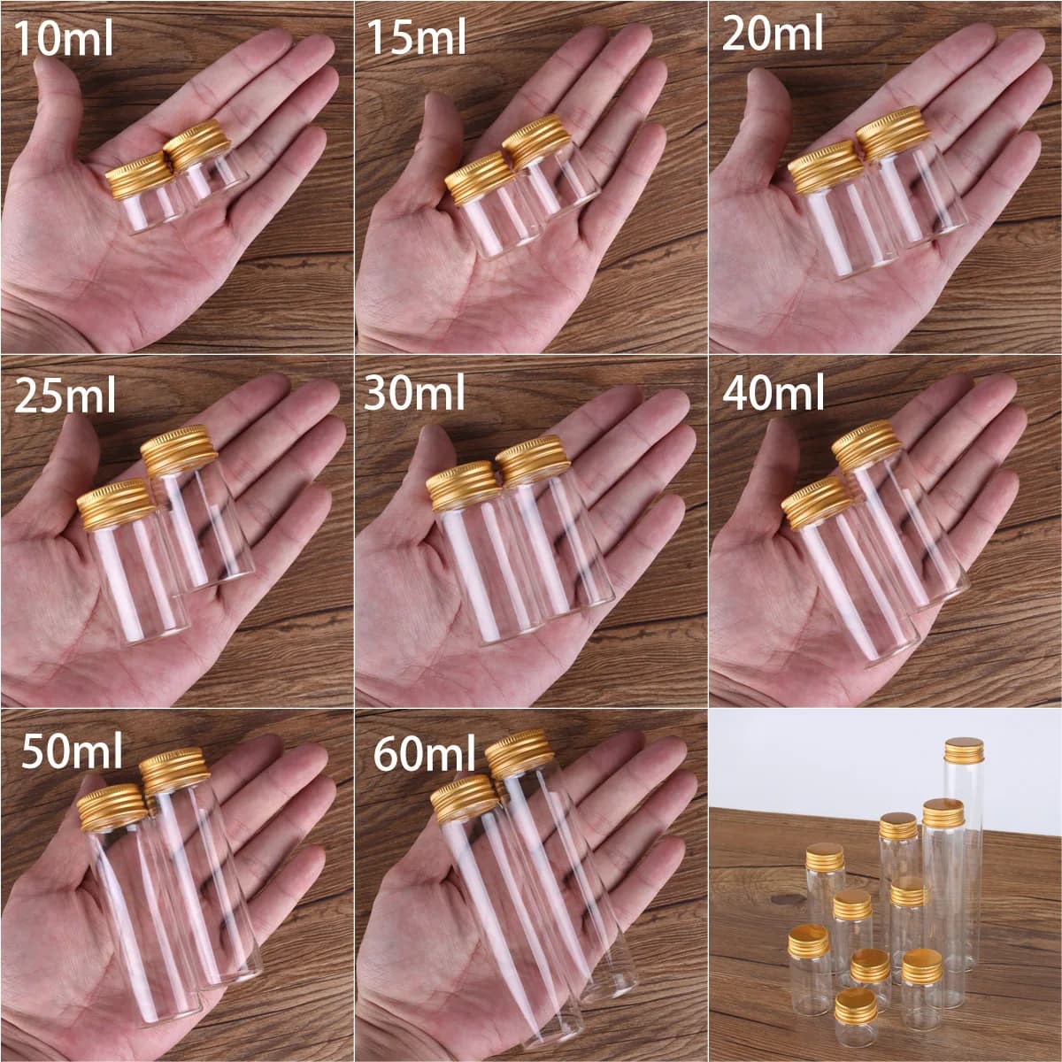5 pezzi diametro 30mm 10/15/20/25/30/40/50/60ml bottiglie di vetro con tappi in alluminio dorato bottiglie di pozione barattoli di spezie per bomboniere