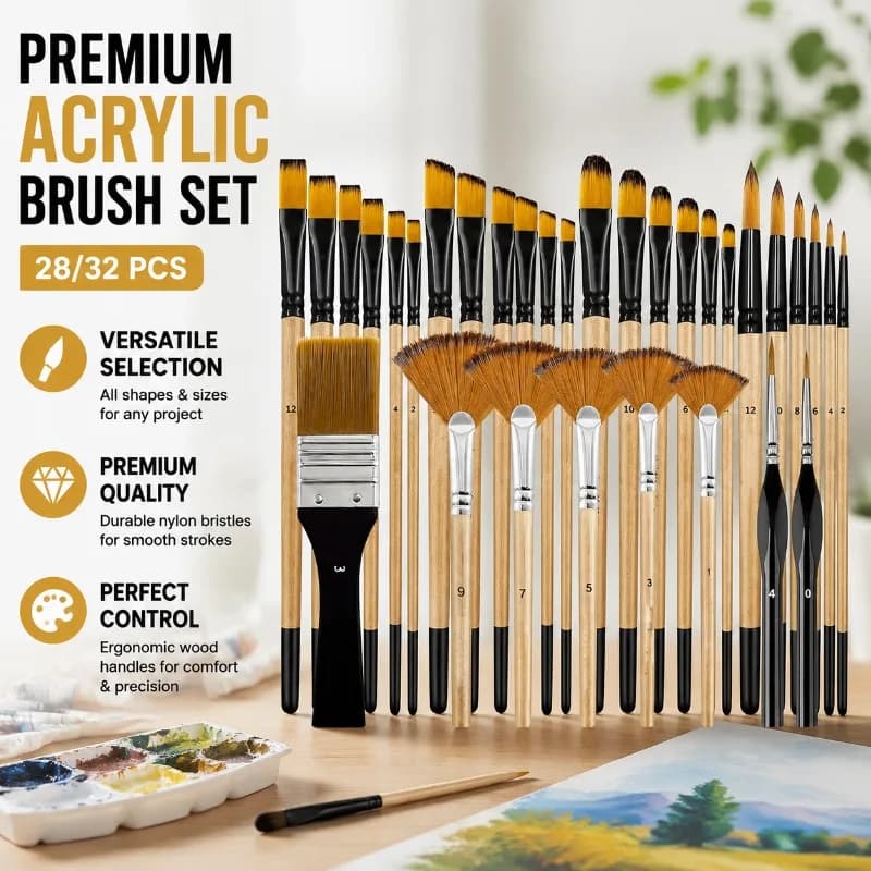 Acrylic Paint Brush Set, Premium Nylon Bristles Wood Handle Including Round, Flat, Filbert, Fan, Angle, Fine Detail