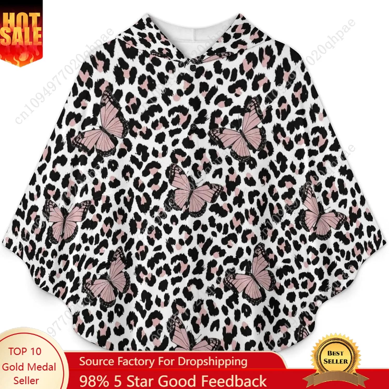 Comodo maglione coperta in flanella, felpa con cappuccio oversize con farfalle leopardate con tasche per bambini e adolescenti