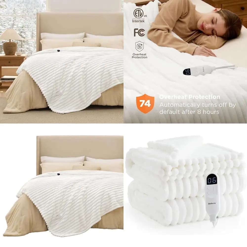 Coperta elettrica in flanella a righe spesse a grandezza naturale con 6 livelli di calore, 10 opzioni timer, spegnimento automatico 8 ore, regalo perfetto per la nonna