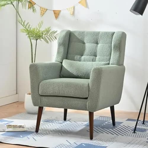 Accent Chair, Comfy Upholstered Living Room Chairs with High Tufted Backrest and Pillow, Wingback Reading Chair with