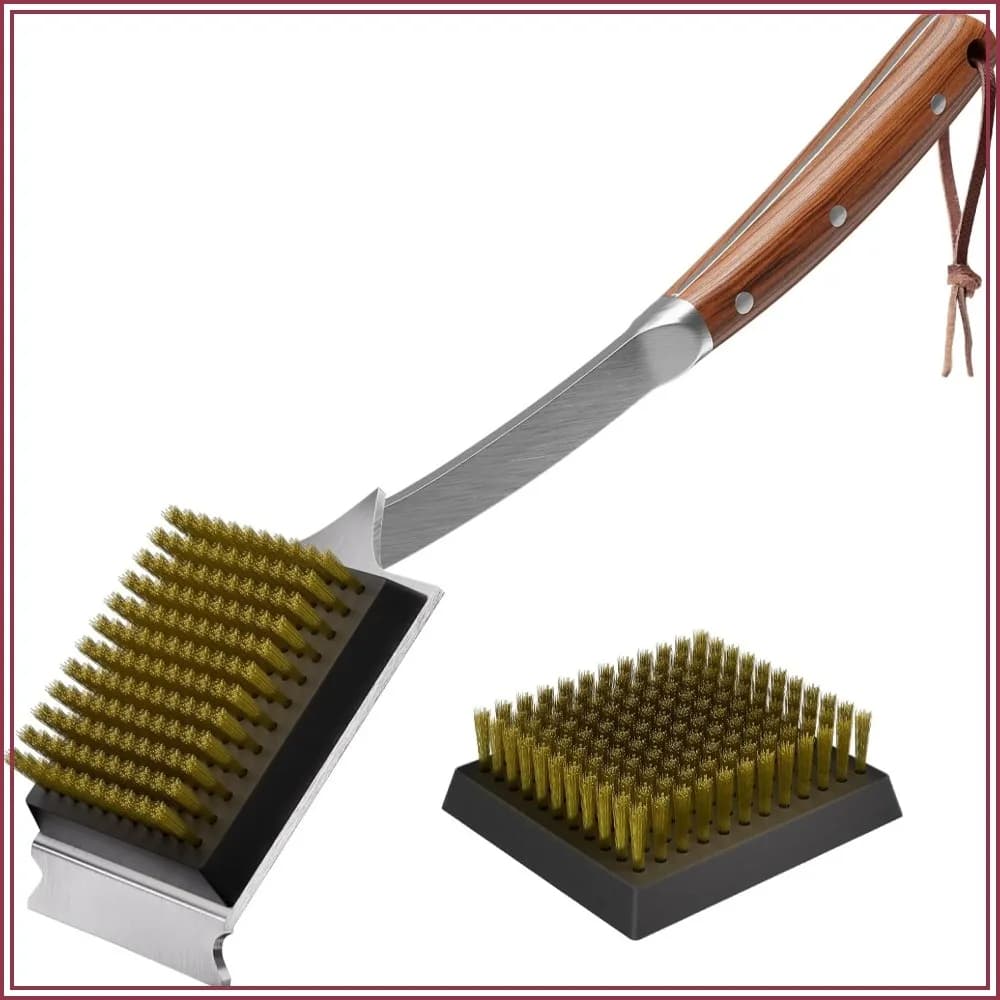 17" Grill Brush and Scraper for Barbecue, Extended Rosewood Handle with 2 Replaceable Copper Wire Brush Heads, Grill Cleaning Brush for Outdoor Grill, Most Grill Accessories