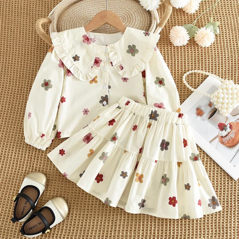 Autumn New 2-6 Year Old Girls' Casual Clothes Lapel Floral Long Sleeved Pullover+pleated Skirt Two-piece Set Korean Version