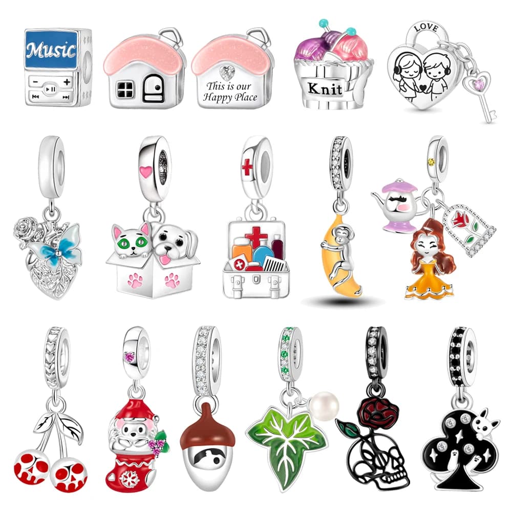 Raffinato Set Regalo Placcato Argento con Charm a Forma di Kit di Pronto Soccorso, Foglia Verde, Calza di Natale, Gatto e Cane per Bracciali e Collane Fai-da-Te