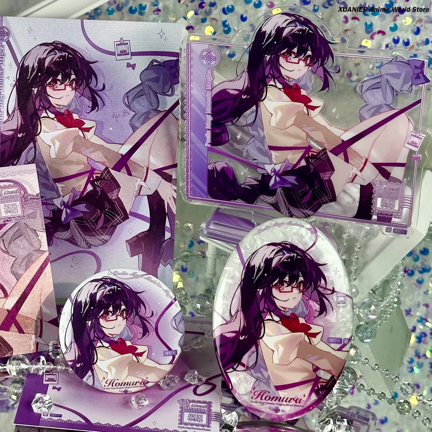 Akemi Homura Puella Magi Madoka Magica - Statuetta in Acrilico, Badge, Spilla, Cartellino, Cartolina Anime Cosplay