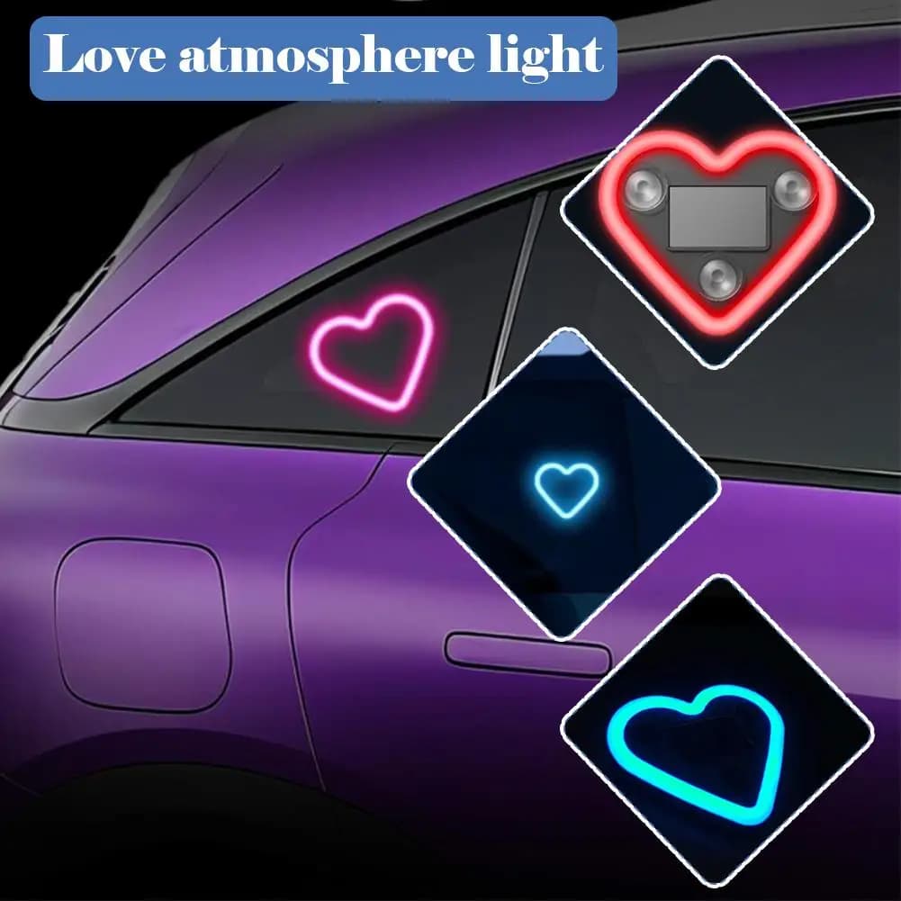 1/2 Pezzi Luce LED Solare Universale a Forma di Cuore per Auto, Luce Neon Luminosa per Finestrino Triangolare, Decorazione Interna Auto NOVITÀ