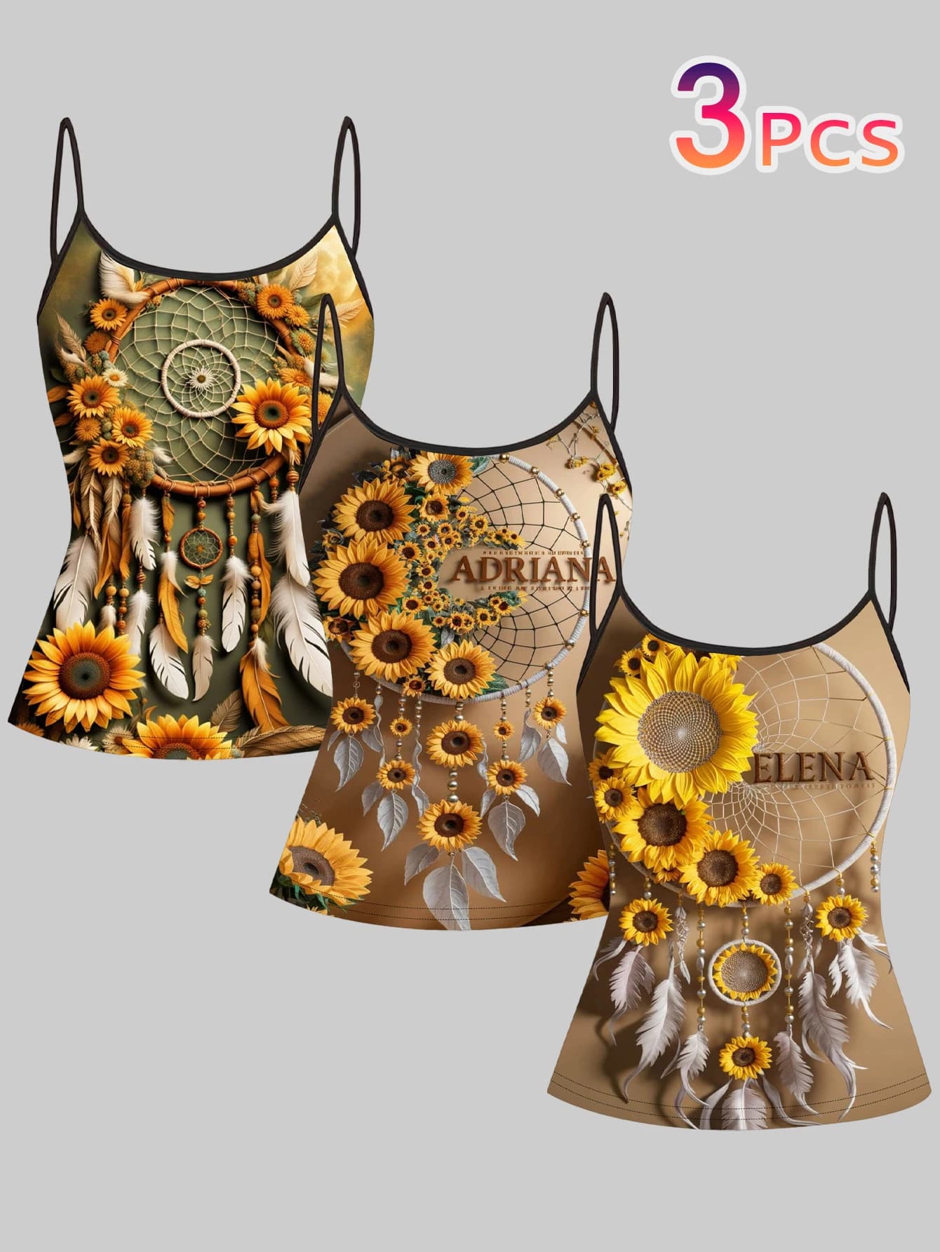 3-Piece Set of Sunflower Dreamcatcher Print Camisole Tops for Women, Bohemian Retro Pastoral Slim-Fit Sleeveless Inner Tops