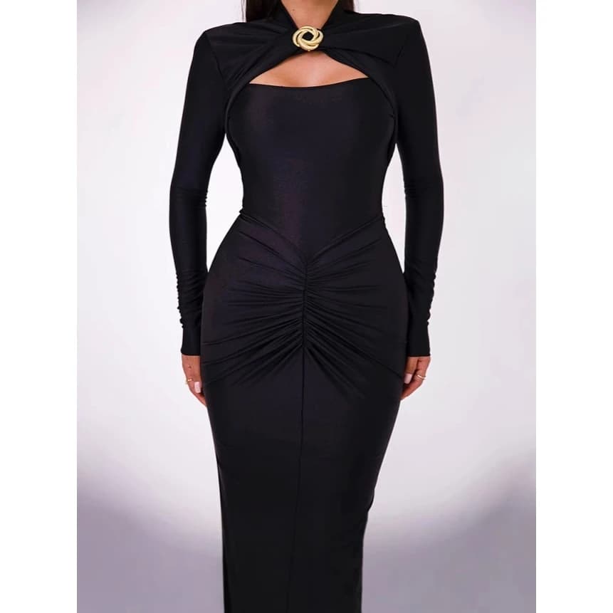 Sexy Hollow out Long Sleeve Dress Women's High Waist Pure Color Evening Gown Long Dress Polyester Fabric Applicable Scene Date