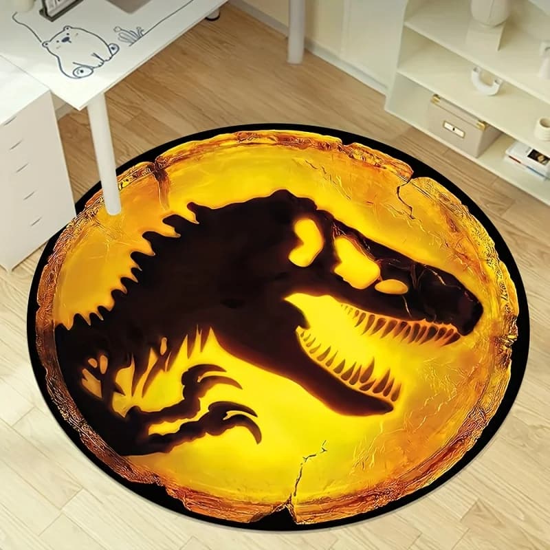 Tappeto rotondo Jurassic T-Rex - Tappetino con teschio Dino in morbido poliestere per soggiorno, sala giochi, studio yoga e arredamento avventuroso