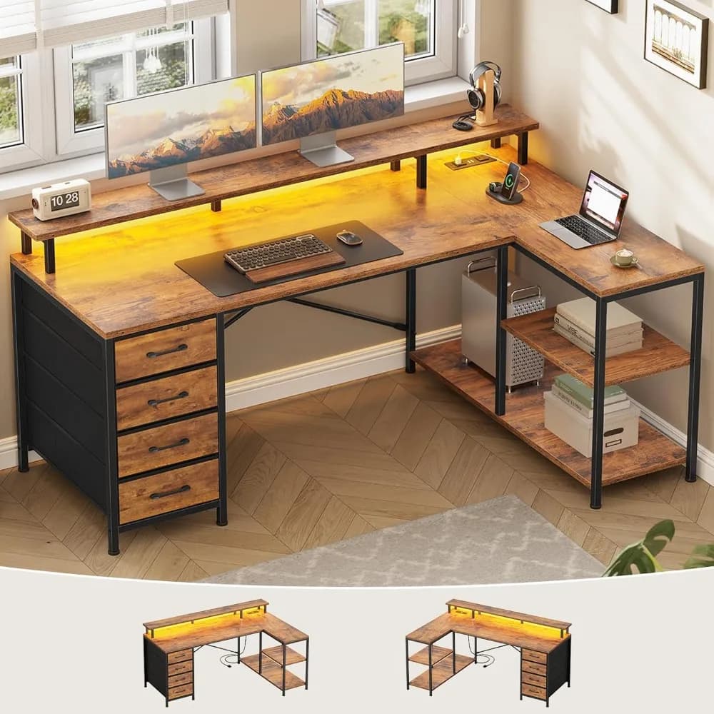 Scrivania a L con 4 cassetti e ripiani portaoggetti, scrivania da gioco a forma di L con luci a LED e prese di corrente, scrivania per computer con ripiano
