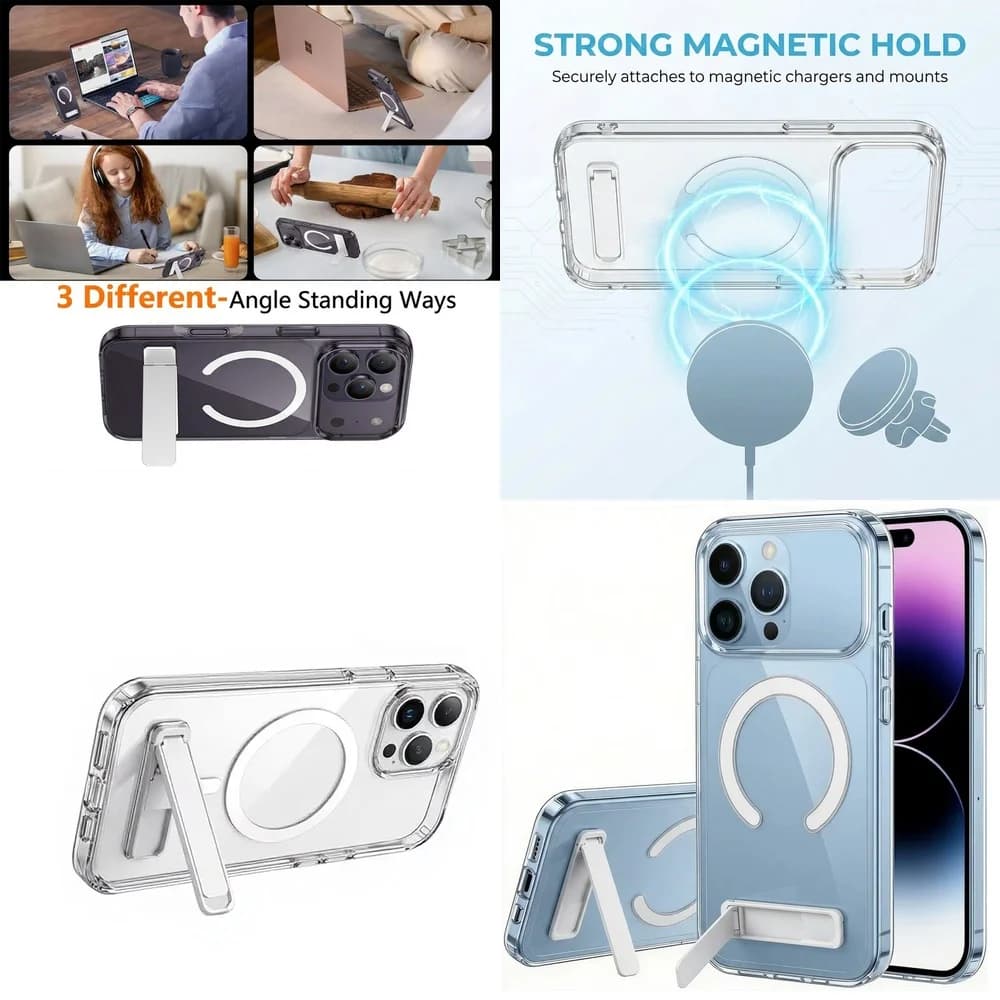 Magnetic Clear Phone Cover with Metal Kickstand Anti-Yellowing Matte Frame for iPhone 15 16 17 14 13 12 mini 11 Pro Max Plus