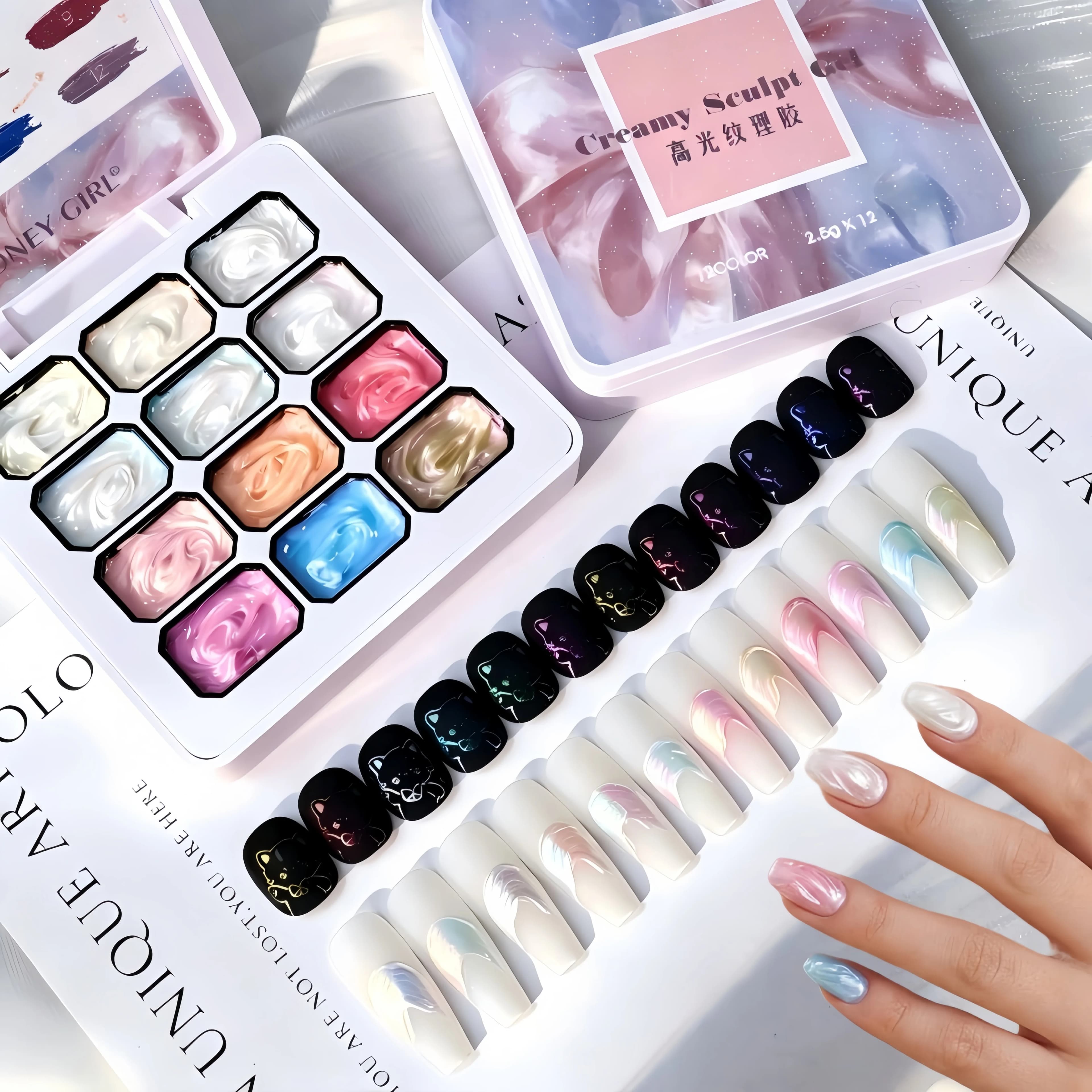 12-grid Dreamy Texture Gel Nails 3D Pearl Acetate Versatile Texture Shaping Gel， fashionable LED nail art kit , perfect gift