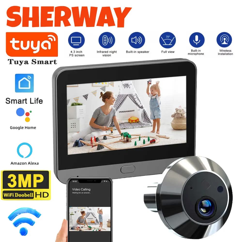 Tuya WiFi Spioncino Campanello Telecamera FHD 3MP 4.3 Pollici Campanello per porta Telecamera per occhi Rilevazione movimento PIR Videocitofono di sicurezza domestica intelligente