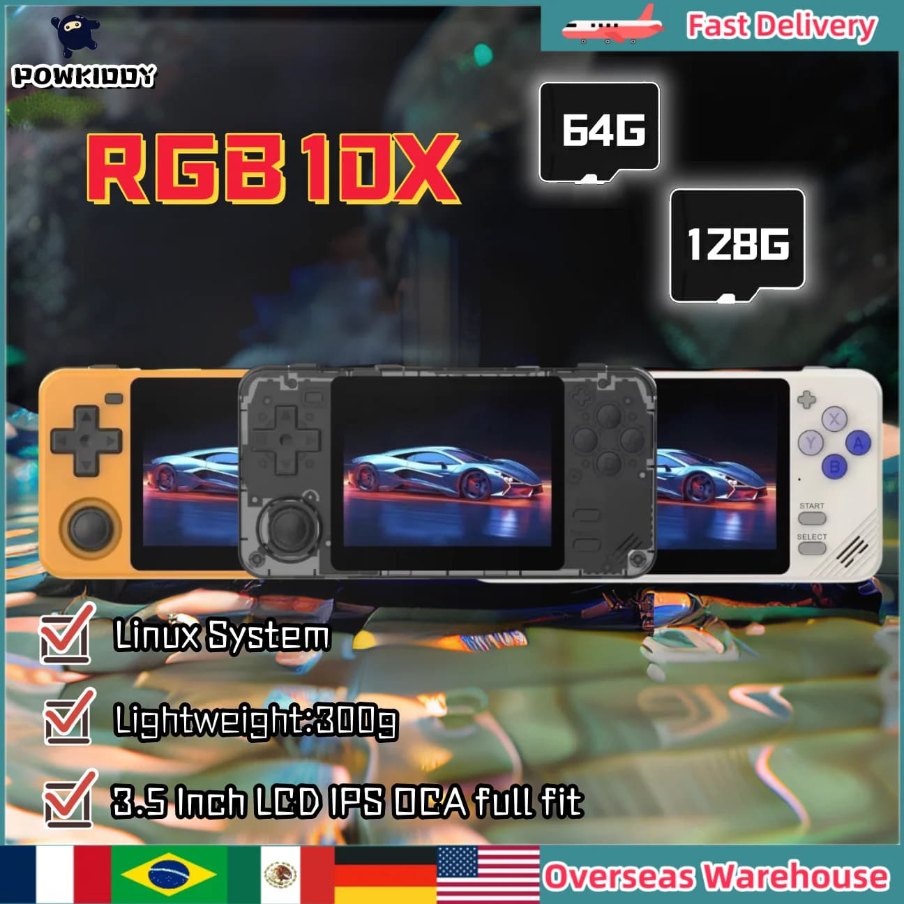POWKIDDY RGB10X Console di gioco portatile Console per videogiochi Console di gioco retrò Schermo IPS da 3,5 pollici Opendinglinux Regali per bambini