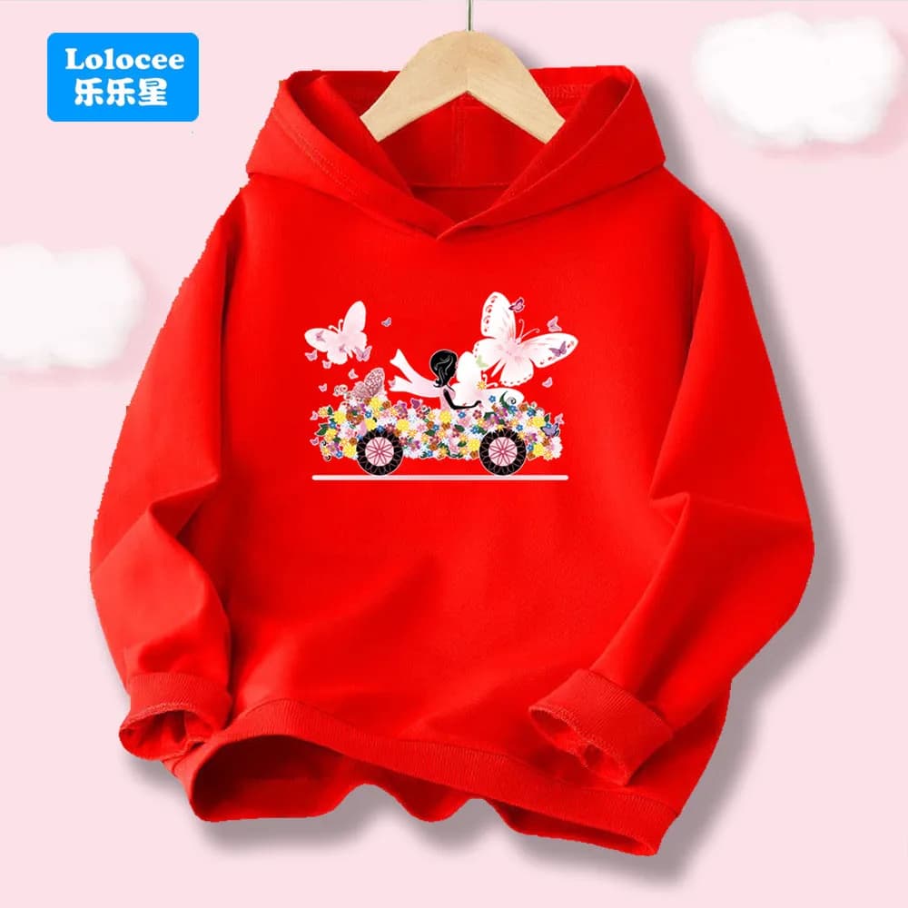Fashion Girls' Hoodie Girl in Floral Car with Butterflies Graphic Print Hoody Sweatshirt Cotton Thin Pullover NHHC1