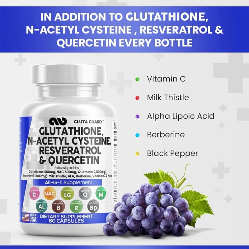 Glutathione 500mg Supplement Containing Vitamin C N Resveratrol Quercetin Alpha Lipoic Acid - Reduced L-Glutathione
