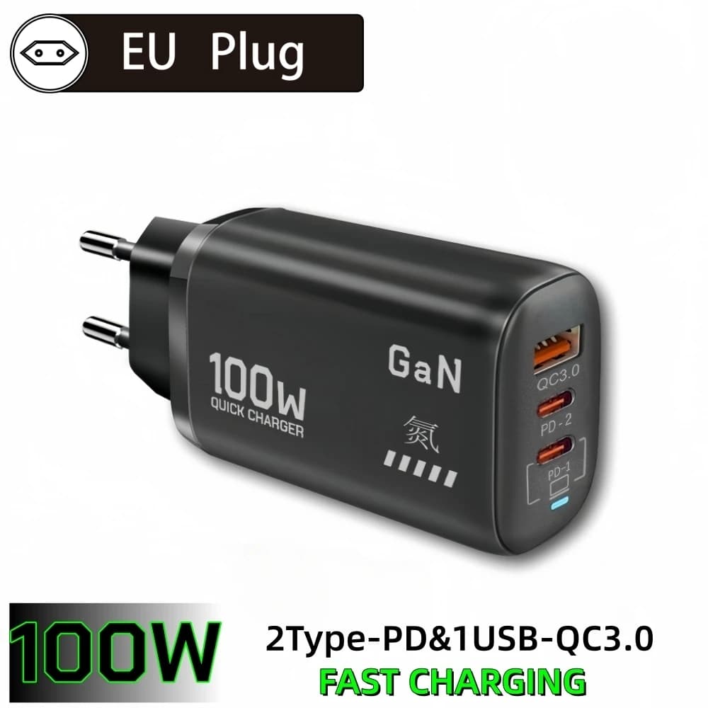 Caricabatterie GaN PD Type C da 100W USB QC3.0 per Laptop, iPad, Ricarica Rapida PPS, Spina EU per Samsung, Xiaomi, iPhone 15 16 Pro Max, Telefoni Cellulari
