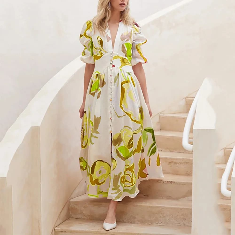 Abito da spiaggia da donna primavera 2026 nuovo, vestito slim fit con stampa elastica su quattro lati