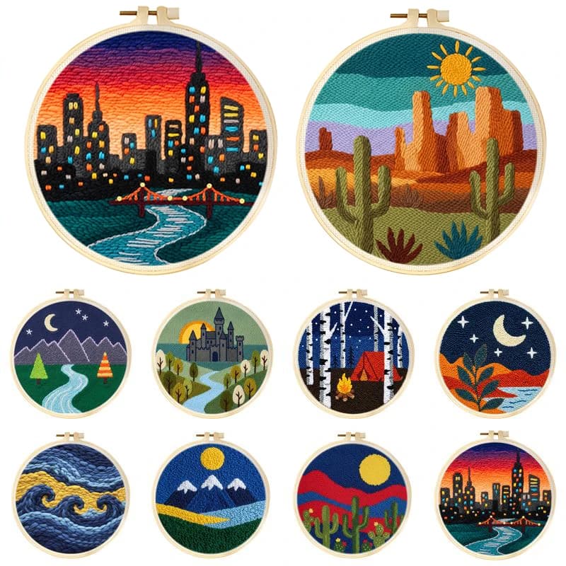 Scenery Pattern Punch Needle Kit Set City Desert Hoop Embroidery With Frame for Beginners Diy Yarn Sewing Tufting Craft Set