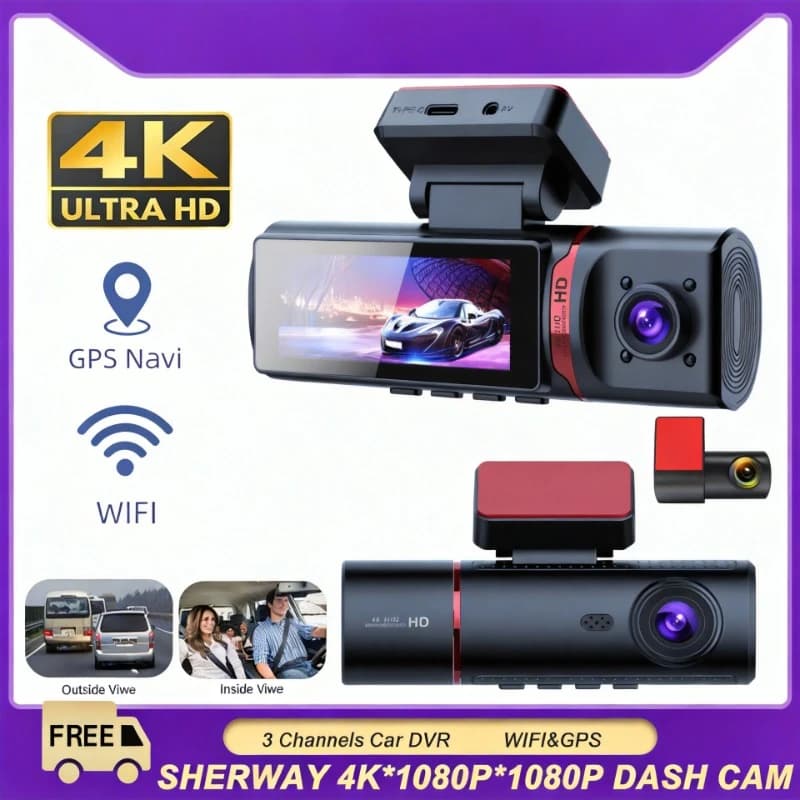 Video Recorder for Auto UHD 4K to 3 Channels, Dash Cam to Three Goals with GPS, Video Recorder Interior Three Cameras