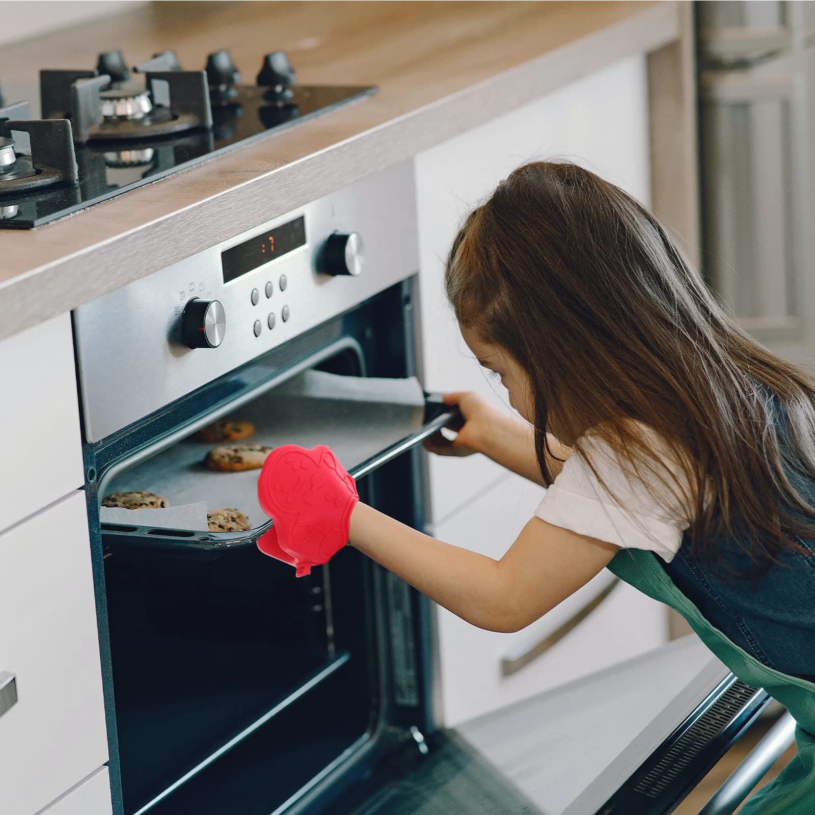 Set di 4 Guanti da Forno in Silicone Resistenti al Calore, Design Pan di Zenzero, Anti-scottatura per Cucina, Cottura, Barbecue e Friggitrice ad Aria