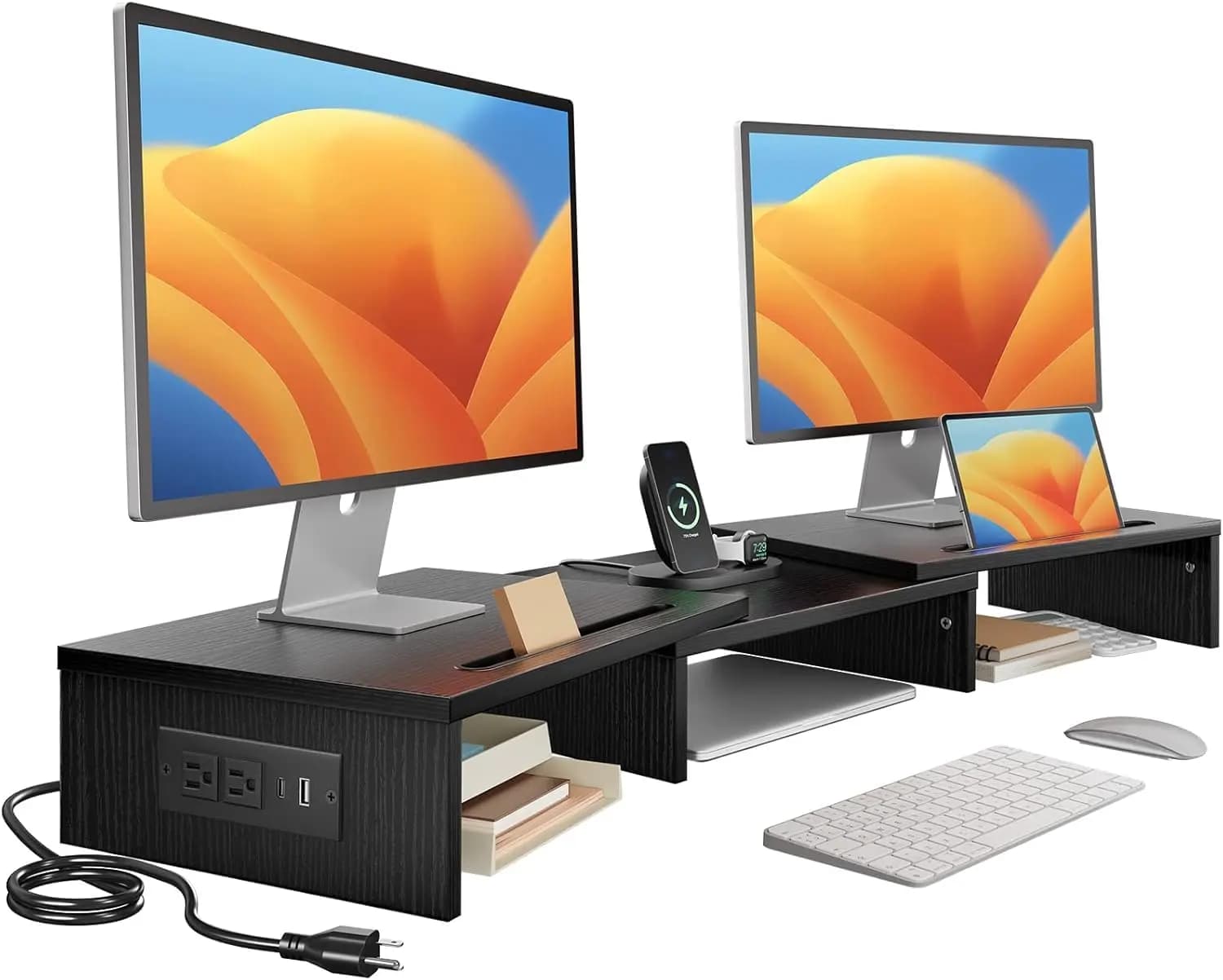Supporto per Doppio Monitor con Porte USB, Lunghezza e Angolazione Regolabili, Presa da Scrivania per PC Computer Portatile - Nero