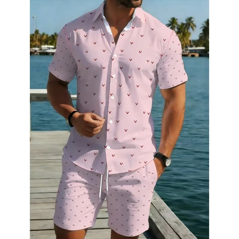 Men's Pink Heart Pattern Short Sleeve Shirt & Shorts Set Lightweight Polyester Beach Resort Outdoor Casual Outfit