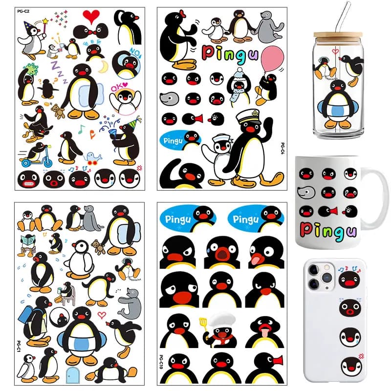 Wall decals DIY-Te Pingu for Planner Size A5, Wall decals for Cups, Computers, Bags, Decalcomanie UV DTF for Bottles and Auto PINGA ROBBY PINGI