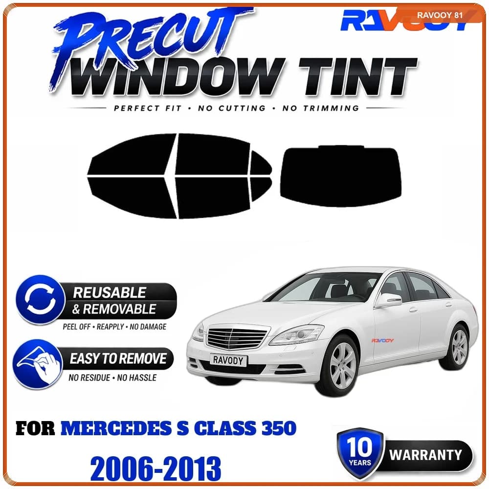 RAVOOY Precut Window Tint, Reusable Removable EPU Film, Custom Fit for Mercedes S Class 350 2006-2013, UV Heat Protection