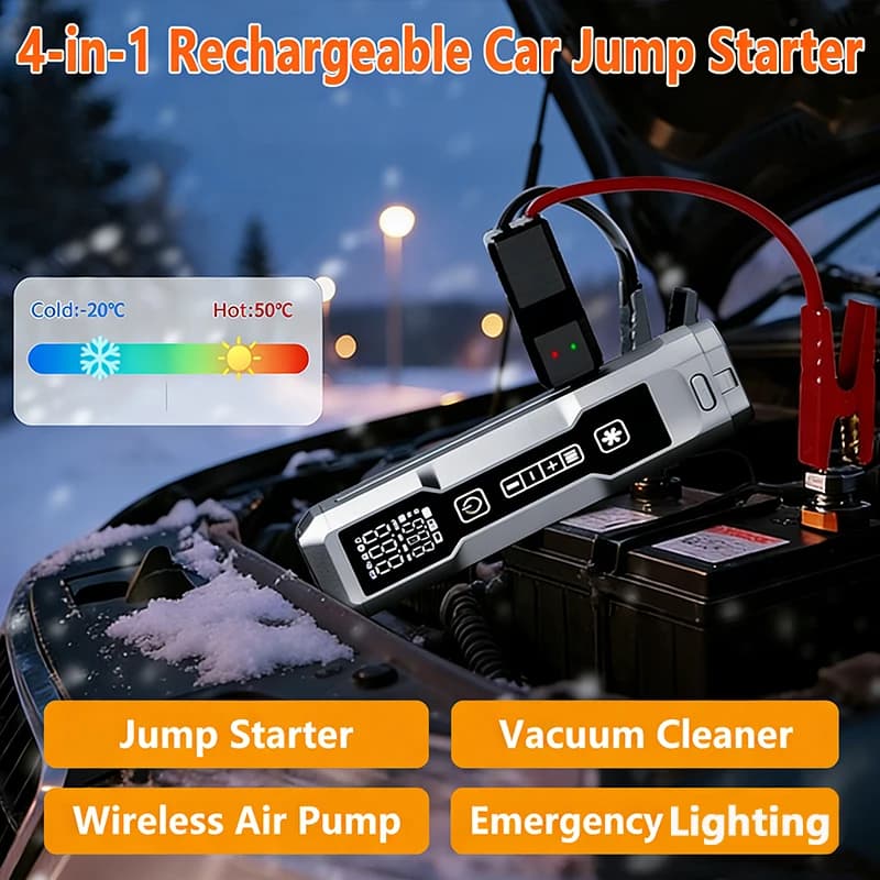 VYVYLABS Avviatore di Emergenza Ricaricabile 4-in-1 12V con 3 Modalità, Luce LED, Aspirapolvere per Auto, Gonfiatore Pneumatici Senza Fili per Auto