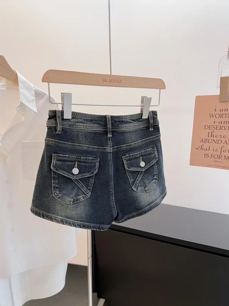 Low Waist A-Line Denim Shorts Women's Summer Slimming Hot Pants Casual Style High Waist Wide Leg Pants Zipper Closure Jeans