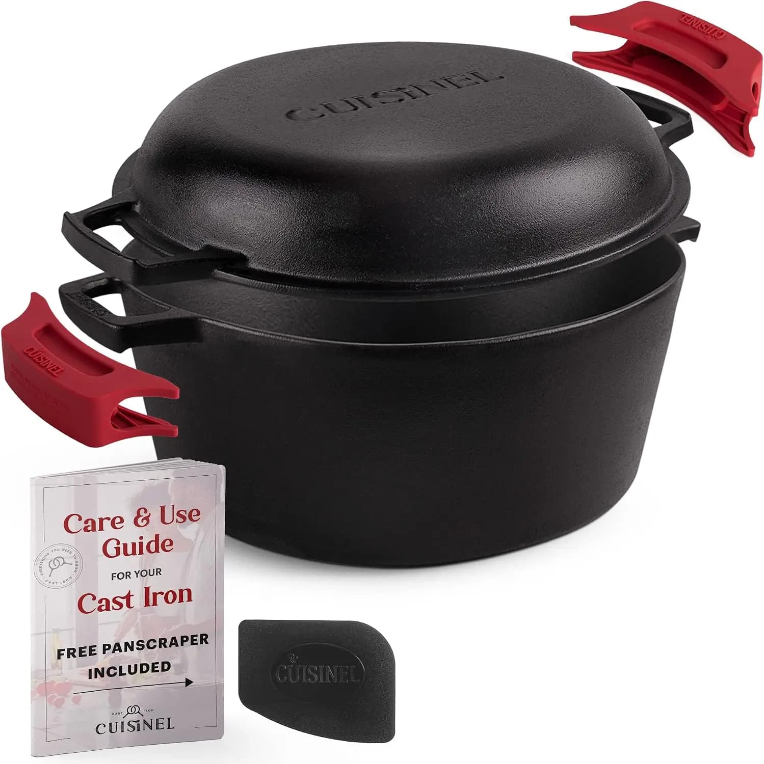 Pre-Seasoned Cast Iron Dutch Oven, 7-Quart, 2-in-1 Multi-Cooker with Lid That Converts to a 12-Inch Frying Pan, Includes Silicon