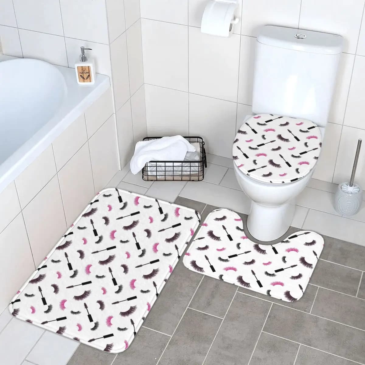 Eyelashes and Mascara with Pink Glitter Pattern 3 Pieces Bathroom Mat Bathroom Set Covers for WC Home Decorations Non-slip Mat