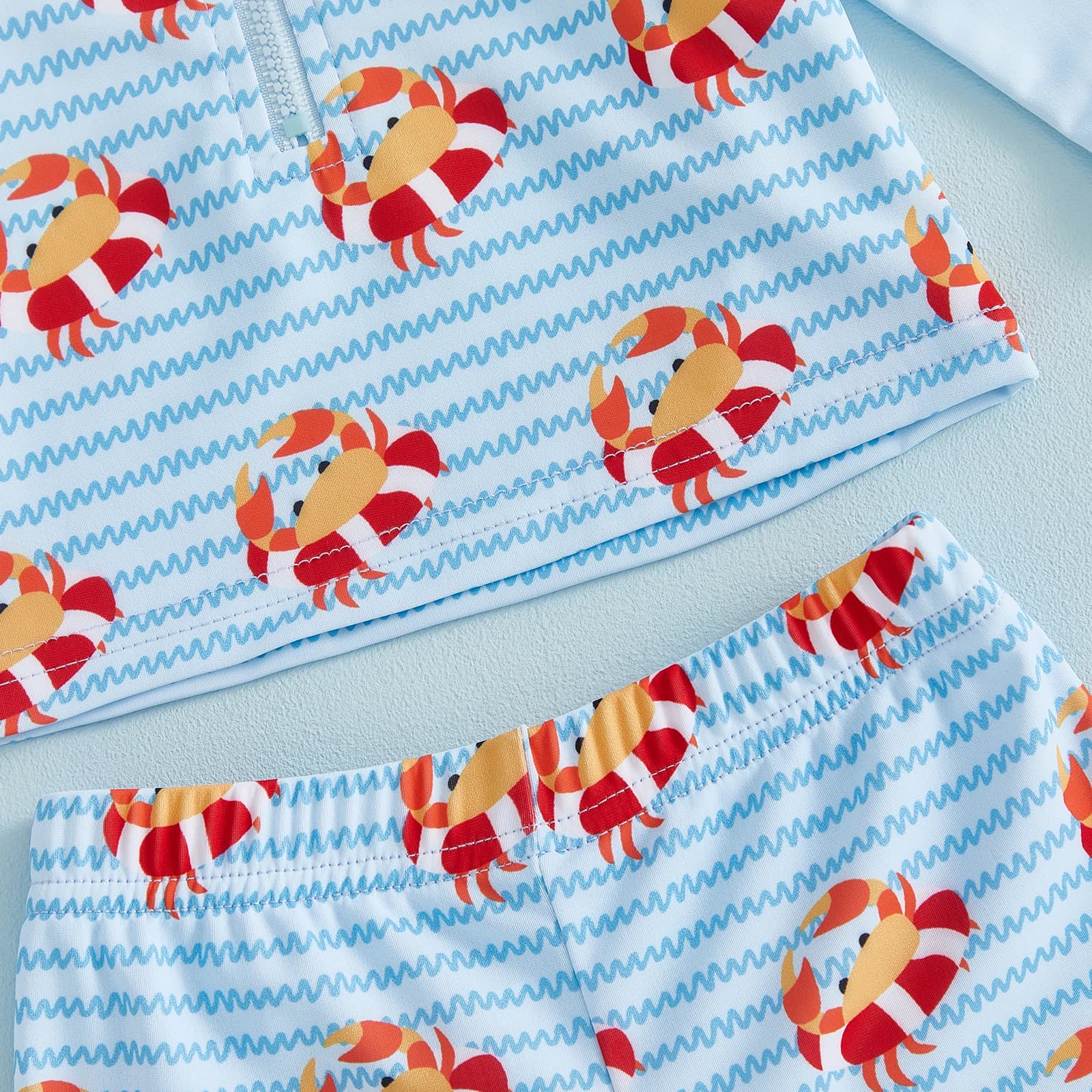 Children's and girls' swimwear, solar protection, fast drying, with crab print, long sleeved top, bath shorts, sun hat